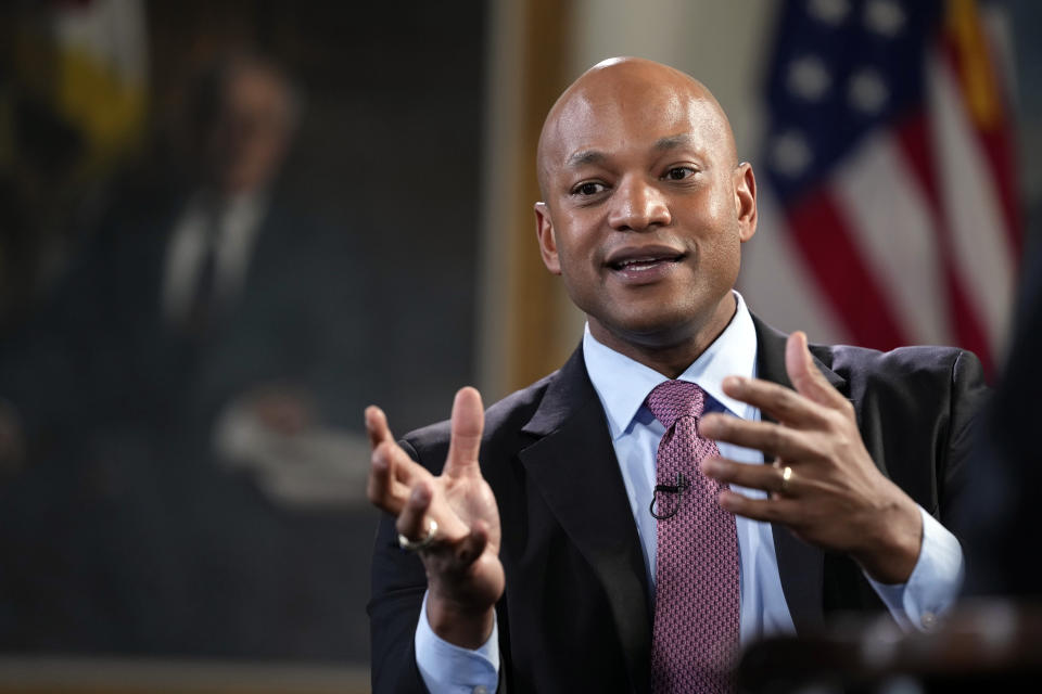 Maryland Gov. Wes Moore speaks during an interview with The Associated Press in Annapolis, Md., Thursday, March 16, 2023. (AP Photo/Susan Walsh)