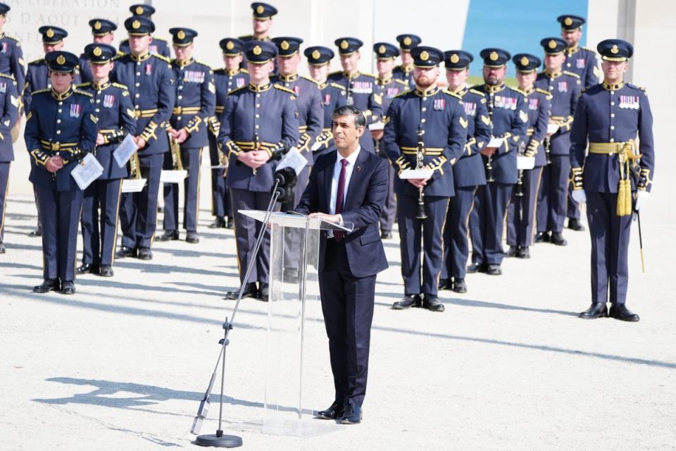 Prime Minister Rishi Sunak speaking during the UK national commemorative event for the 80th anniversary of D-Day, held at the British Normandy Memorial in Ver-sur-Mer, Normandy. He later returned early to the UK. (Jane Barlow/PA) (PA Wire)