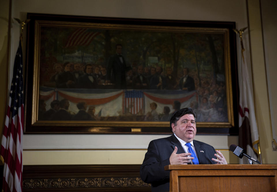 Illinois Gov. JB Pritzker answers questions from the media during his daily press briefing on the COVID-19 pandemic from his office at the Illinois State Capitol, Friday, May 22, 2020, in Springfield, Ill. (Justin L. Fowler/The State Journal-Register via AP, Pool)