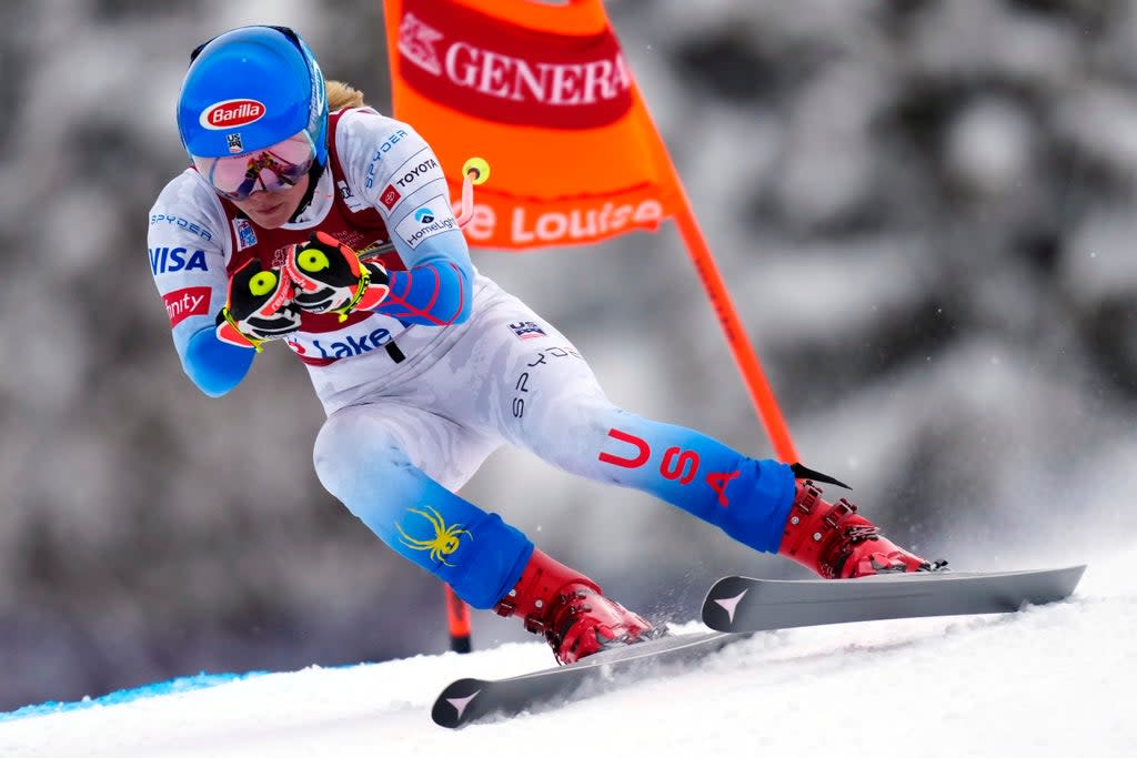 Mikaela Shiffrin, of the United States, races down the course during a training run for the World Cup downhill ski race, Tuesday, Nov. 30, 2021, in Lake Louise, Alberta.  ((Frank Gunn/The Canadian Press via AP))