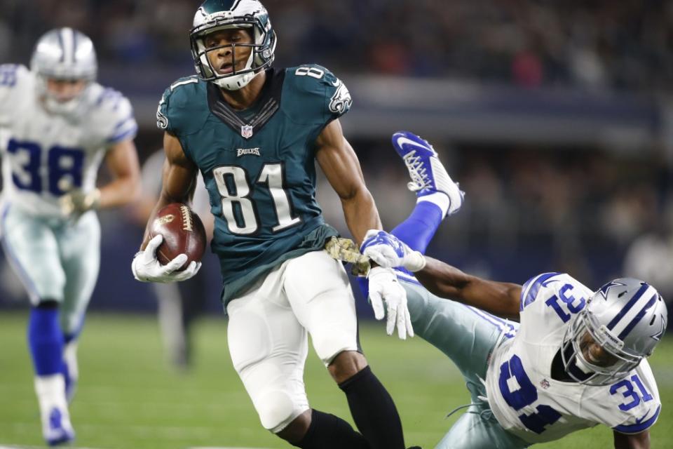 Nov 8, 2015; Arlington, TX, USA; Philadelphia Eagles wide receiver Jordan Matthews (81) is tackled by Dallas Cowboys free safety Byron Jones (31) in the second half at AT&T Stadium. Philadelphia won 33-27 in overtime. Mandatory Credit: Tim Heitman-USA TODAY Sports