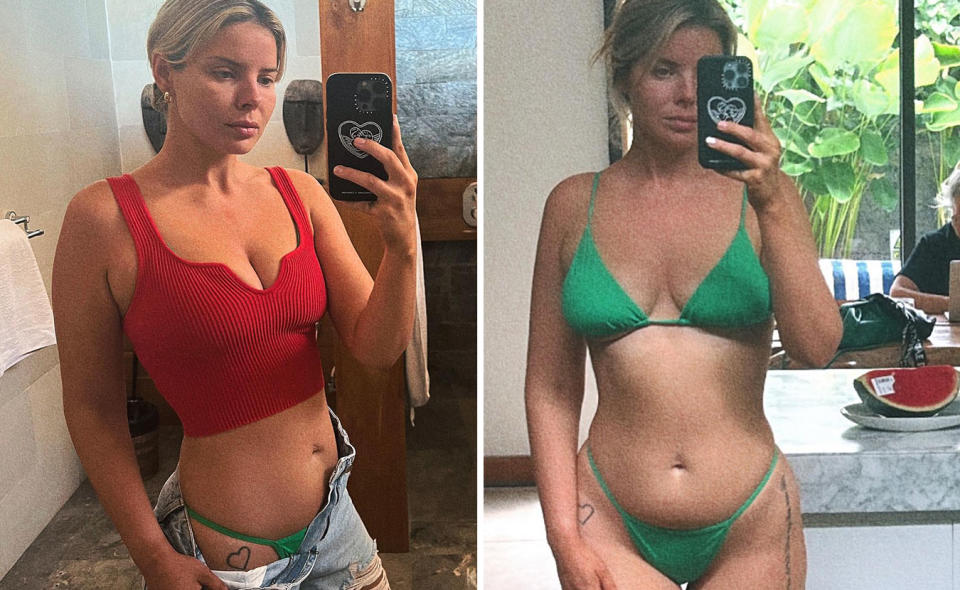 L: Olivia Frazer posing in a mirror selfie with a low cut red top and her jeans unbuttoned showing her bikini bottoms. R: Olivia Frazer takes a mirror selfie wearing a green string bikini
