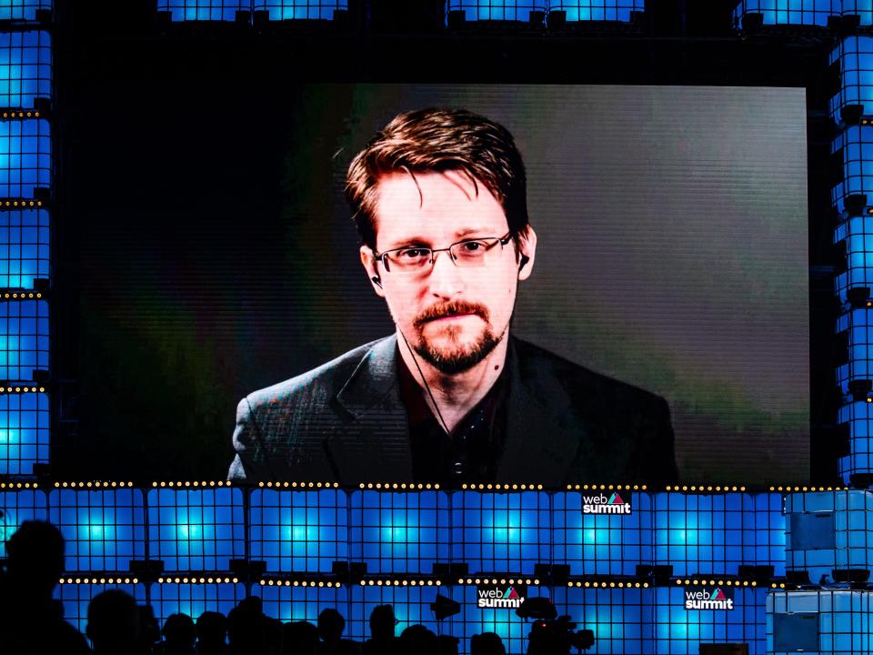 Edward Snowden, former intelligence officer who served the CIA, NSA, and DIA for nearly a decade as a subject matter expert on technology and cyber security, speaks from Russia to the audience at a conference in Lisbon on Nov. 4, 2019.