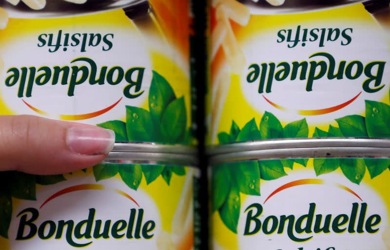 Bonduelle canned processed vegetables are displayed on shelves in an Intermarche supermarket in Lanton