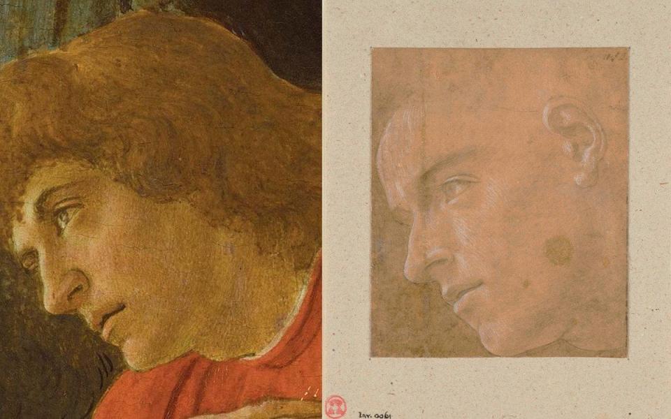 The second Oxford sheet (right) depicting a young man looking up is compared to the third onlooker on the right in Botticelli’s Adoration of the Magi in the National Gallery, Washington