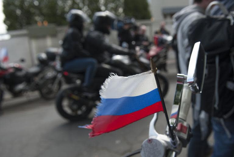Members of the Russian Night Wolves Motorcycle Club at the WWII memorial for Soviet soldiers, called the Slavin, on May 2,2015 in Bratislava, Slovakia