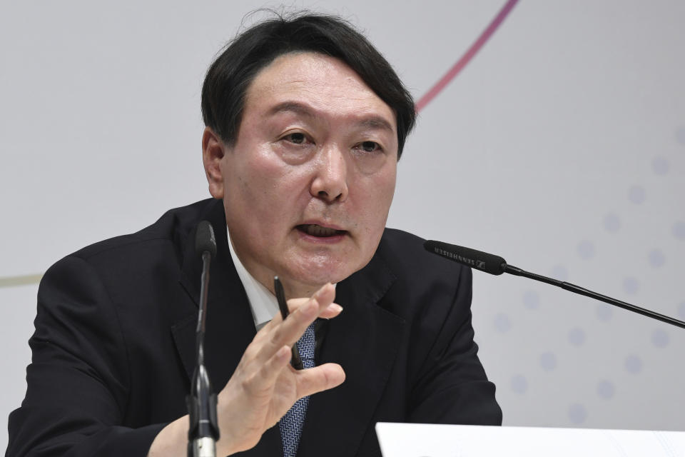 Yoon Suk Yeol speaks to declare his bid for presidency at a memorial dedicated to the noble sacrifice of independence fighter Yun Bong-gil Tuesday, June 29, 2021 in Seoul, South Korea. Yoon, a former prosecutor-general who tops surveys on the preferred future South Korean leader, formally launched his bid to run for next year’s presidential election, vowing Tuesday to unseat the current liberal government that he had worked for. (Kim Min-Hee/Pool Photo via AP)