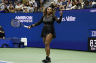 Serena Williams, of the United States, reacts during the first round of the US Open tennis championships against Danka Kovinic, of Montenegro, Monday, Aug. 29, 2022, in New York. (AP Photo/John Minchillo)