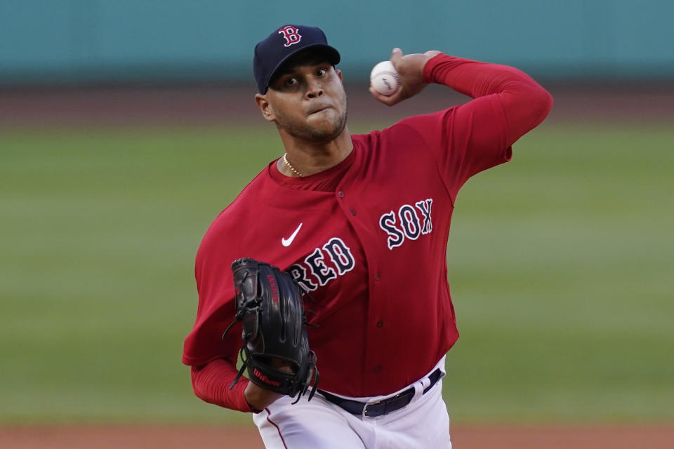 Boston Red Sox starting pitcher Eduardo Rodriguez delivers to a New York Yankees batter the first inning of a baseball game at Fenway Park, Friday, July 23, 2021, in Boston. (AP Photo/Elise Amendola)