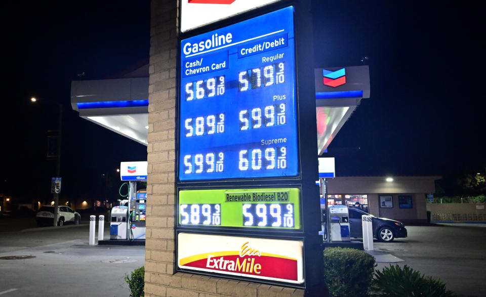 Gas prices on display at a petrol station in La Puente, California on September 7, 2023.