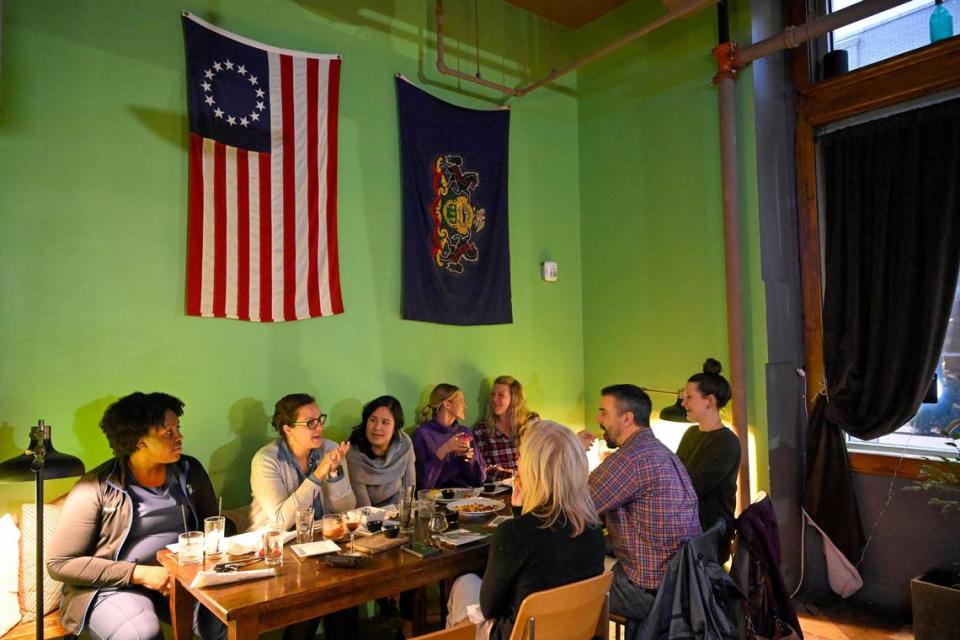 Belfry owner Celina Tio attended college in Pennyslvania. Hence, the Betsy Ross flag and a Pennsylvania state flag on the walls.