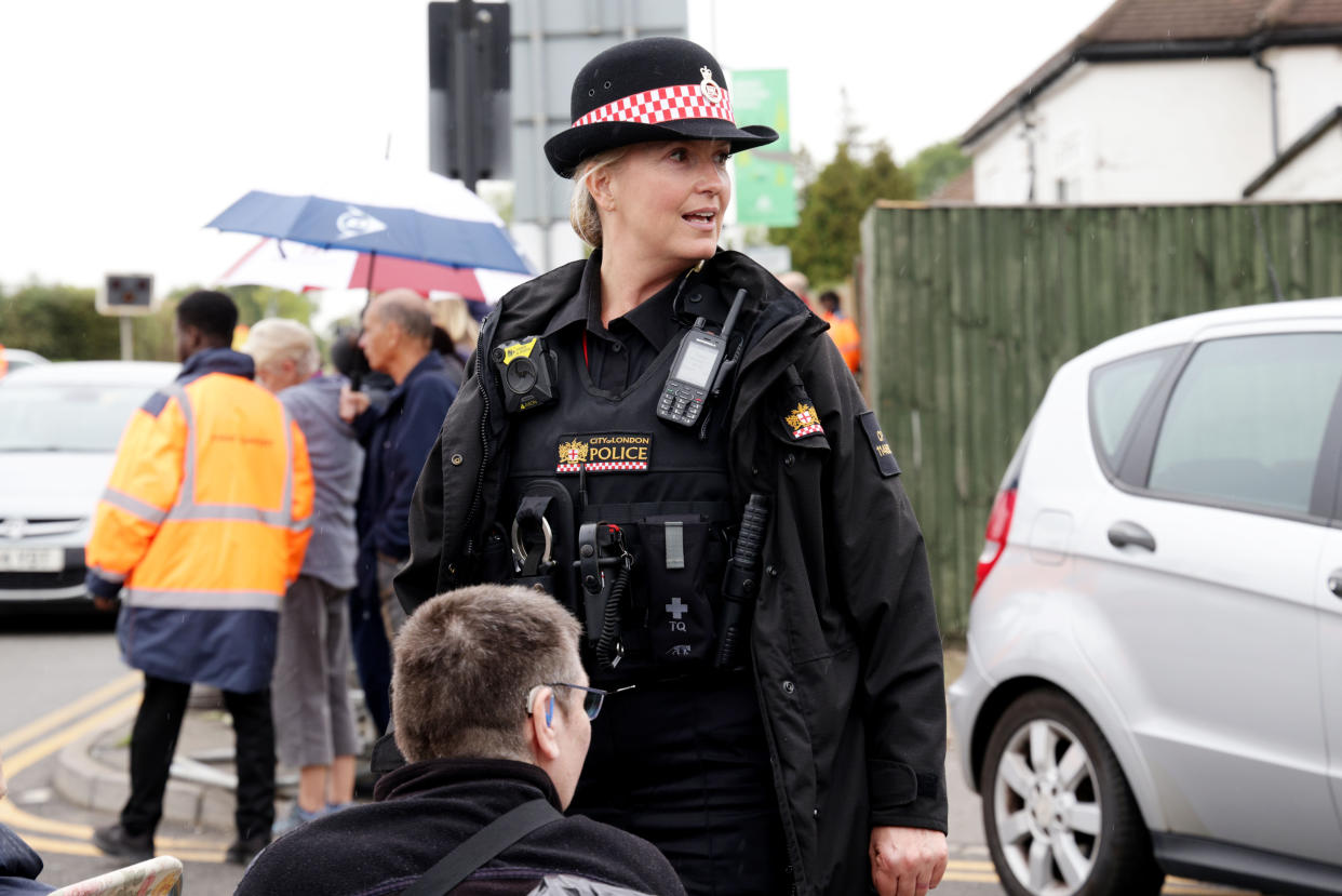 Penny Lancaster in her role in City of London Police keeping order outside RAF Northolt, London, UK, on 13 September, 2022. (Shutterstock)