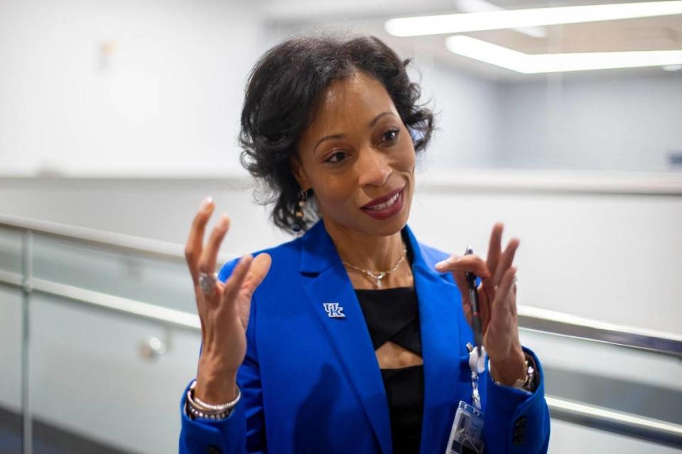 DeShana Collett, chair of the University Senate Council at the University of Kentucky, speaks following a university Board of Trustees meeting at the Gatton Student Center on the UK campus in Lexington, Ky., on Friday, Feb. 23, 2024.