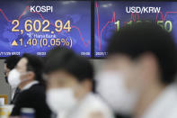 Currency traders watch computer monitors near the screens showing the Korea Composite Stock Price Index (KOSPI), left, and the foreign exchange rate between U.S. dollar and South Korean won at the foreign exchange dealing room in Seoul, South Korea, Thursday, Nov. 26, 2020. Asian shares were mixed Thursday, after Wall Street took a pause from the optimism underlined in a record-setting climb earlier in the week. (AP Photo/Lee Jin-man)