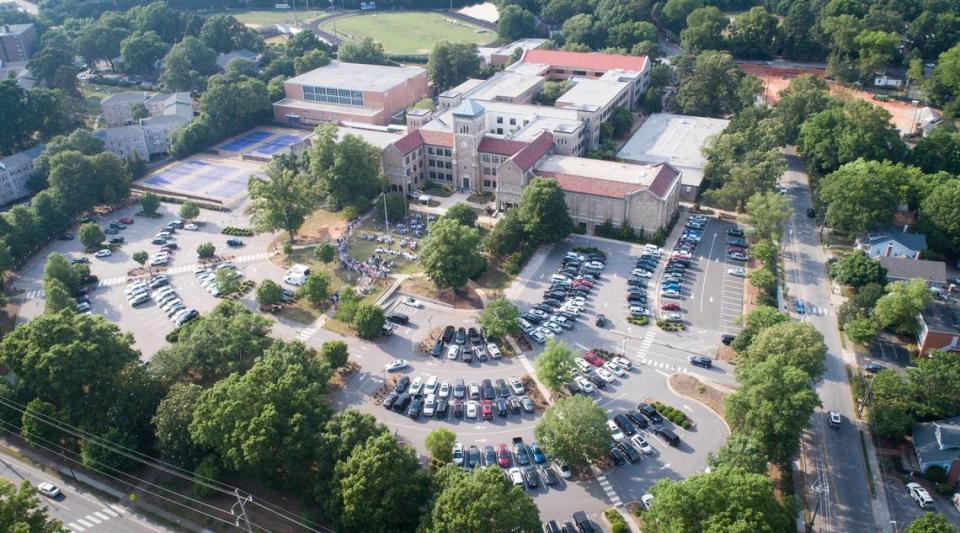 Aerial view of Broughton High School in Raleigh, which is sending students home early at 12:30 p.m. on Aug. 30, 2023 due to HVAC issues.