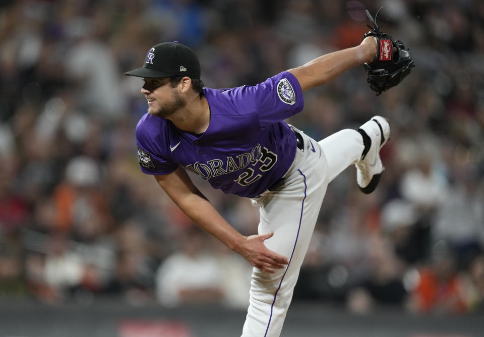 Colorado Rockies starting pitcher Peter Lambert works against the San Francisco Giants in the fourth inning of a baseball game Friday, Sept. 24, 2021, in Denver. (AP Photo/David Zalubowski)