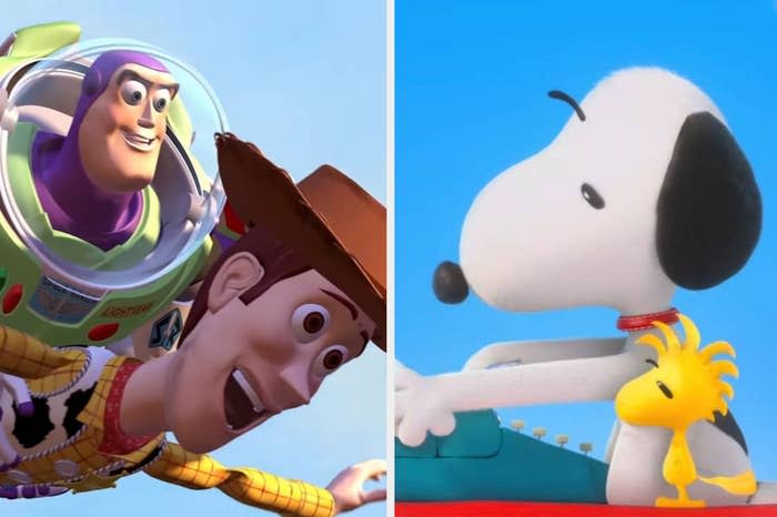 Woody and Buzz flying together in "Toy Story"/Snoopy and Woodstock sitting in front of a typewriter in "The Peanuts Movie"