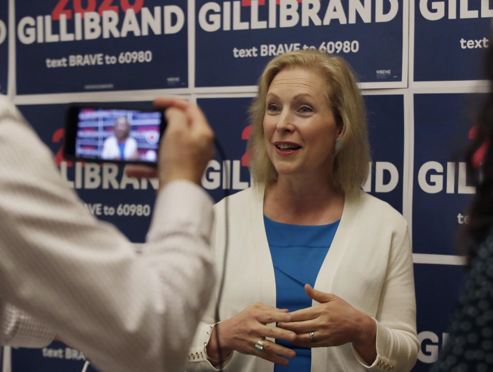 Democratic presidential candidate Sen. Kirsten Gillibrand, D-N.Y., speaks to a reporter after a mental health roundtable discussion, Tuesday, Aug. 20, 2019, in Manchester, N.H. (AP Photo/Elise Amendola)