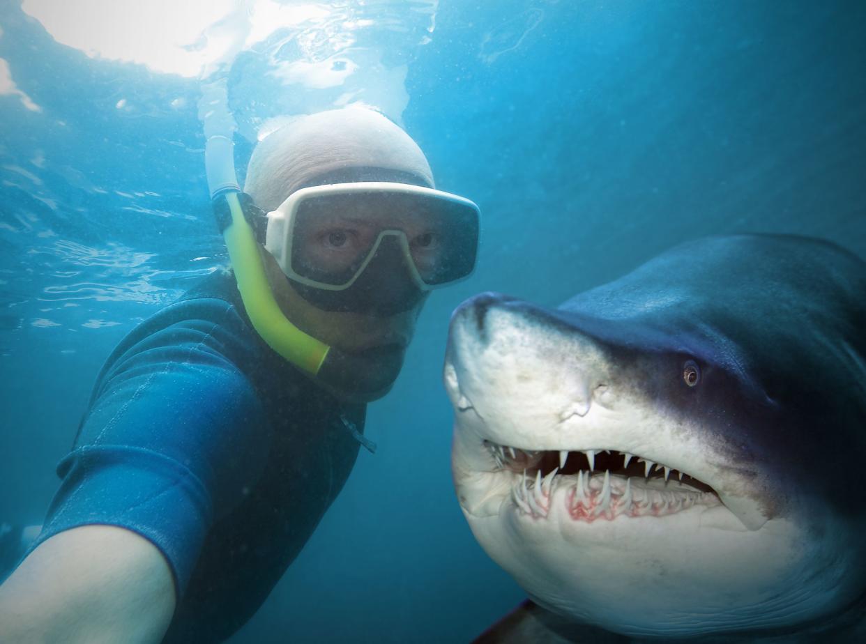 Underwater selfie with friend. Scuba diver and shark in deep sea.