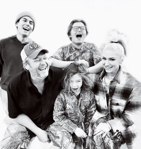 <p>Gwen Stefani/instagram</p> Gwen Stefani and Blake Shelton with Kingston, Zuma and Apollo in a 2022 Instagram post.