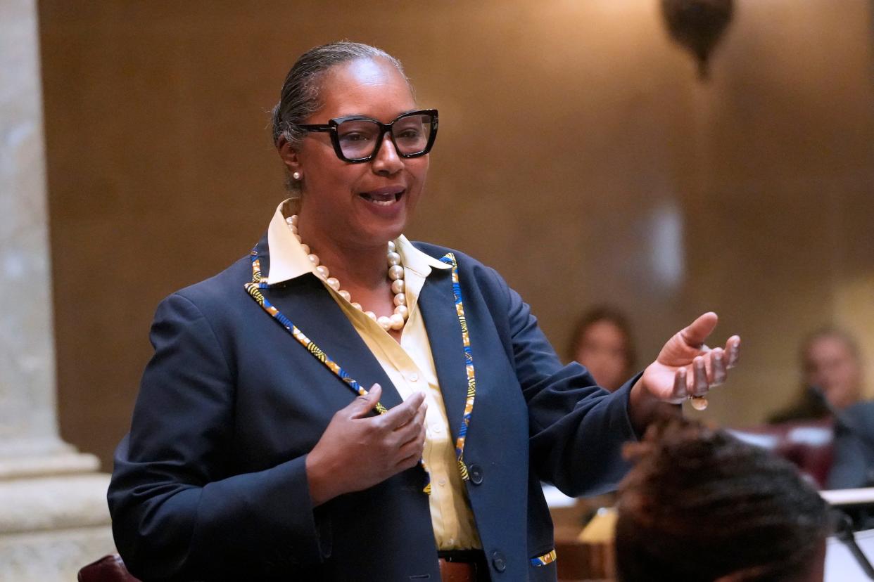 Wisconsin State Sen. Lena Taylor, D-Milwaukee, debates a local government funding bill at the state Capitol in Madison during a Senate session on Wednesday, June 14, 2023.