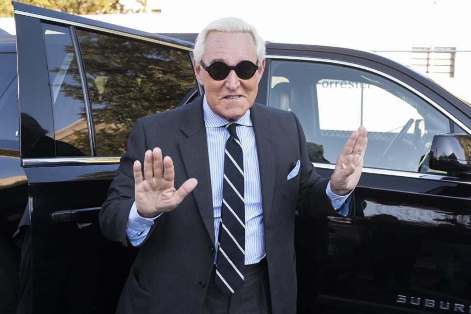 Roger Stone arrives for the second day of jury selection in his federal trial in Washington on Nov. 6, 2019. (Photo: ASSOCIATED PRESS)