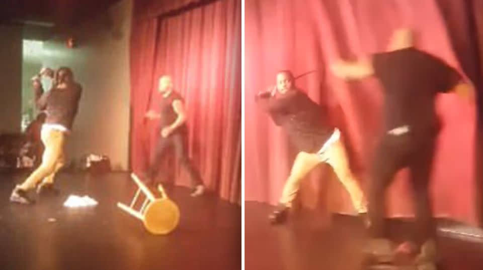 The comedian was seen ducking and weaving as his attacker violently swung the microphone stand. Source: Facebook/Tumika LaSha