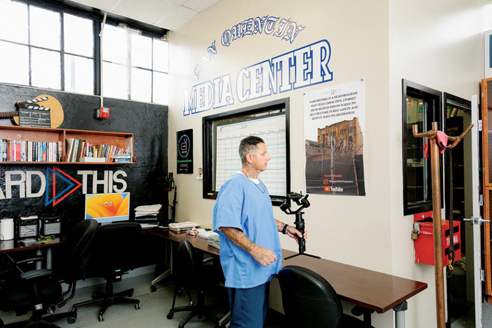 The ForwardThis office has four Macs, some lockers with cameras and lenses and a shelf of filmmaking books, including Story by Robert McKee.