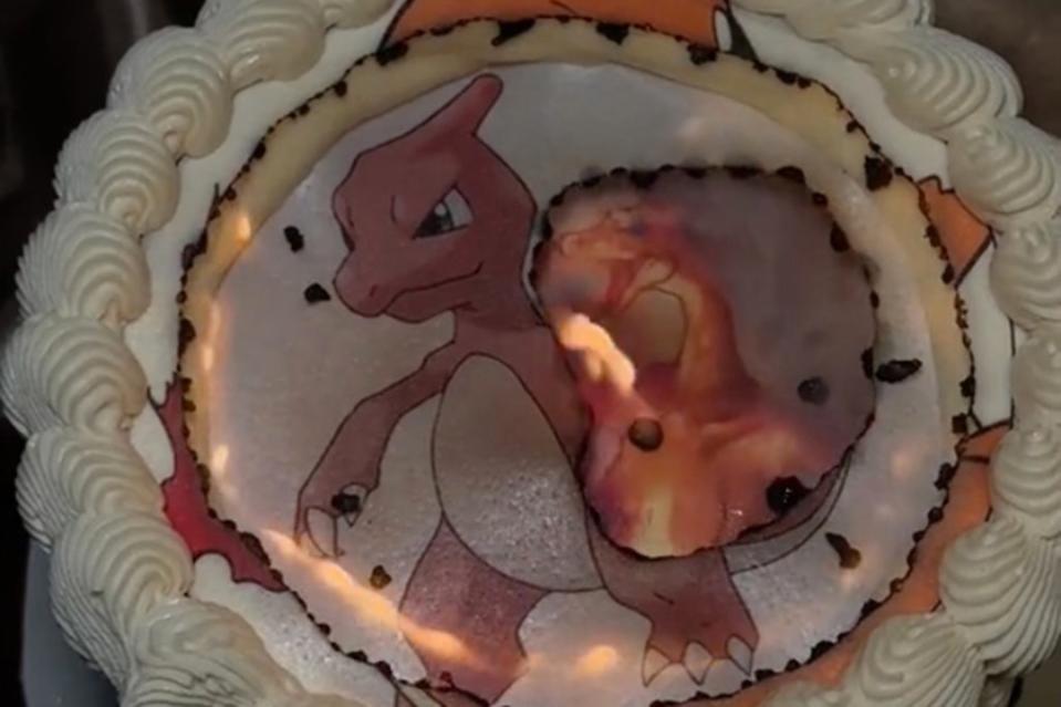 The cakes are ordinary looking — until a match is put to the top layer, burning it off and revealing another image underneath. TikTok/cakesbynams