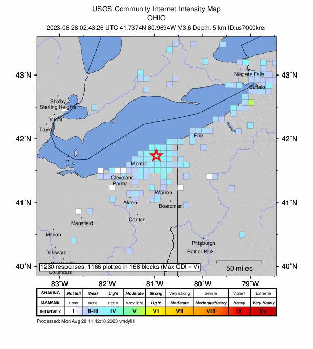 A map of those who reported earthquake-related shaking. The start identifies the origin point of the Northeast Ohio quake.