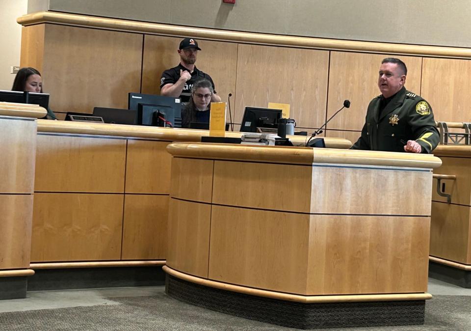 Shasta County Sheriff Michael Johnson talks during the Tuesday, April 23, 2024, Shasta County Board of Supervisors meeting.