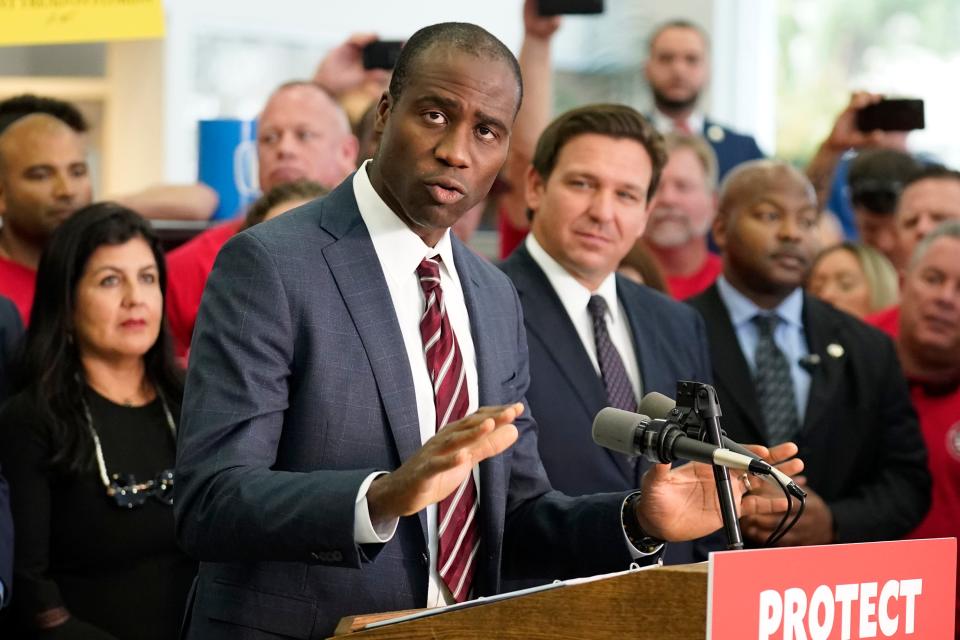 Florida Surgeon Gen. Dr. Joseph A. Ladapo before a bill signing by Gov. Ron DeSantis Thursday, Nov. 18, 2021, in Brandon, Fla. (AP Photo/Chris O'Meara)