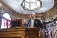 Art historian David Landau stands in the 1531-32 Canton Schola Synagogue in Venice, northern Italy, Wednesday, June 1, 2022. Landau is spearheading the fundraising effort to restore Venice's synagogues and nearby buildings both for Venice’s small Jewish community and for tourists who can visit them on a guided tour through the Jewish Museum of Venice. (AP Photo/Chris Warde-Jones)