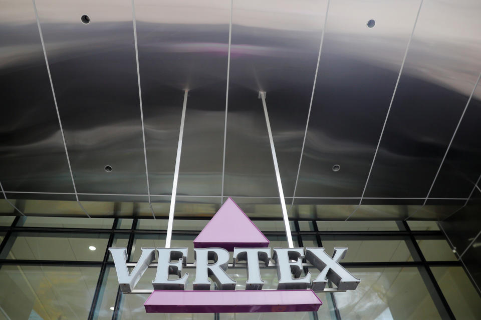 A sign hangs in front of the world headquarters of Vertex Pharmaceuticals in Boston, Massachusetts, U.S., October 23, 2019.     REUTERS/Brian Snyder