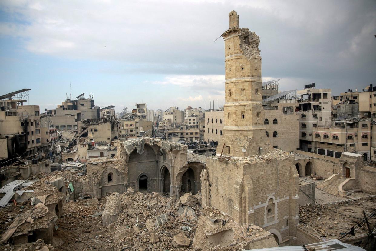 Gaza City's Omari Mosque, the oldest mosque in Gaza, damaged in Israeli bombardment during the ongoing battles between Israel and the Palestinian Hamas movement