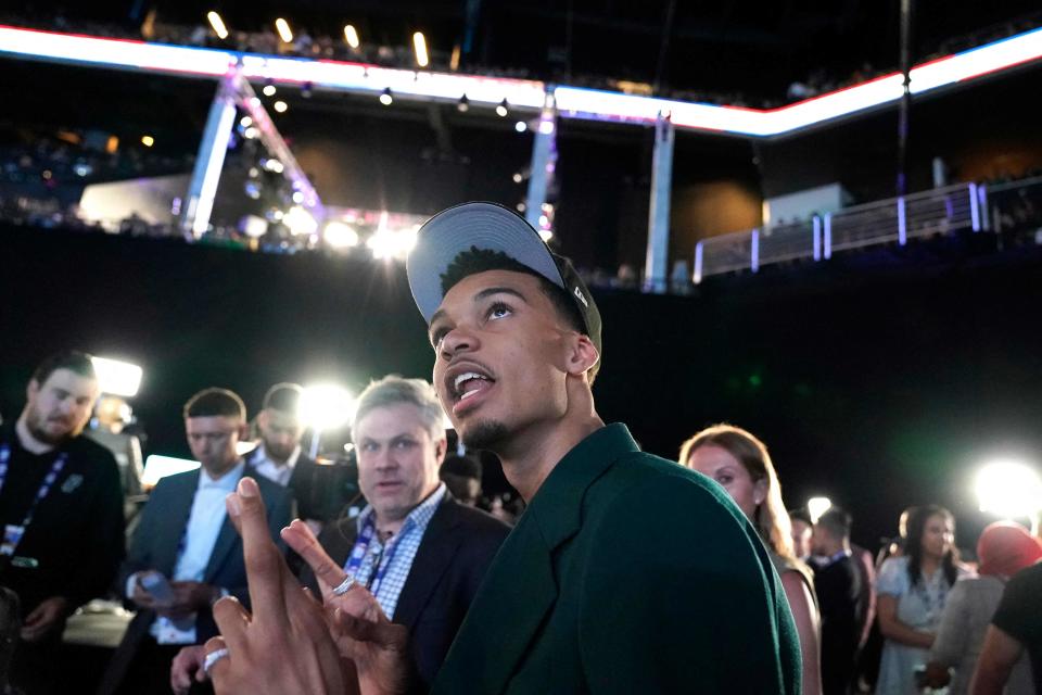 French basketball player Victor Wembanyama talks to the media after being picked No. 1 by the San Antonio Spurs during the NBA draft at Barclays Center in New York City.