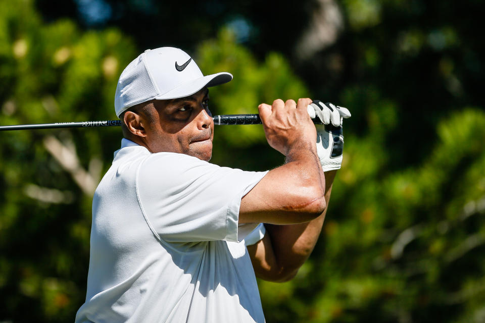 Charles Barkley drives the ball to start the first round of the 2019 American Century Championship at Edgewood Tahoe Golf Course.