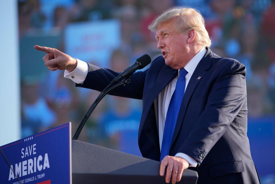 Former President Donald Trump speaks during a rally at the Delaware County Fairgrounds on April 23.