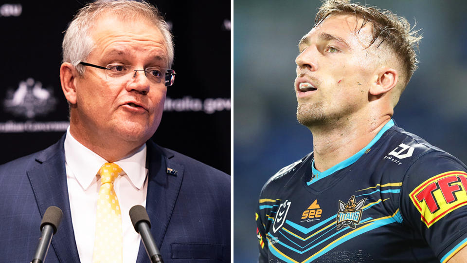 Bryce Cartwright and Scott Morrison, pictured here in the NRL and in Canberra.