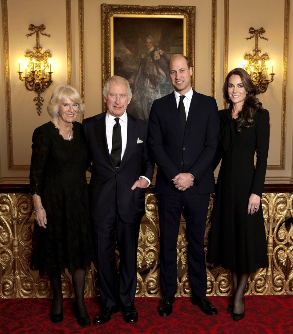 From left, Camilla, the Queen Consort, Britain's King Charles III, Prince William and Kate, Princess of Wales, pose at Buckingham Palace, London, ahead of the reception for Heads of State and Official Overseas Guests, on Sept. 18, 2022 (AP)