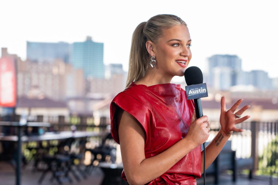 Kelsea Ballerini talks with press ahead of hosting the CMT Music Awards at the Moody Center Wednesday, April 3, 2024.