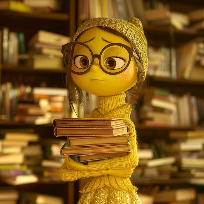 Sadness from Inside Out holds books in a library. She wears a hat, glasses, and a sweater. Background has shelves filled with books