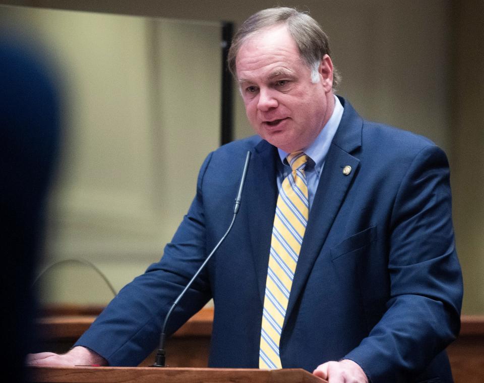 State Sen. Sam Givhan, shown on the Senate floor of the Alabama Statehouse in this March 11, 2021, photo, is the sponsor of legislation that could lead to the construction of a new Statehouse in Montgomery.