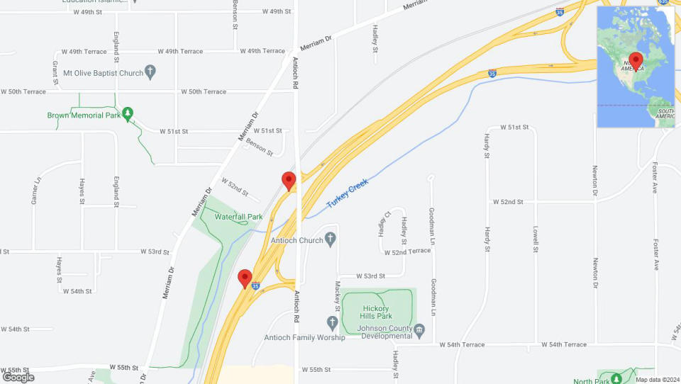 A detailed map that shows the affected road due to 'Merriam Drive closed in Shawnee' on July 18th at 10:01 p.m.