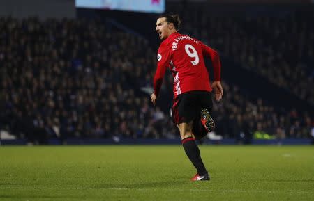 Britain Football Soccer - West Bromwich Albion v Manchester United - Premier League - The Hawthorns - 17/12/16 Manchester United's Zlatan Ibrahimovic celebrates scoring their second goal Reuters / Phil Noble Livepic