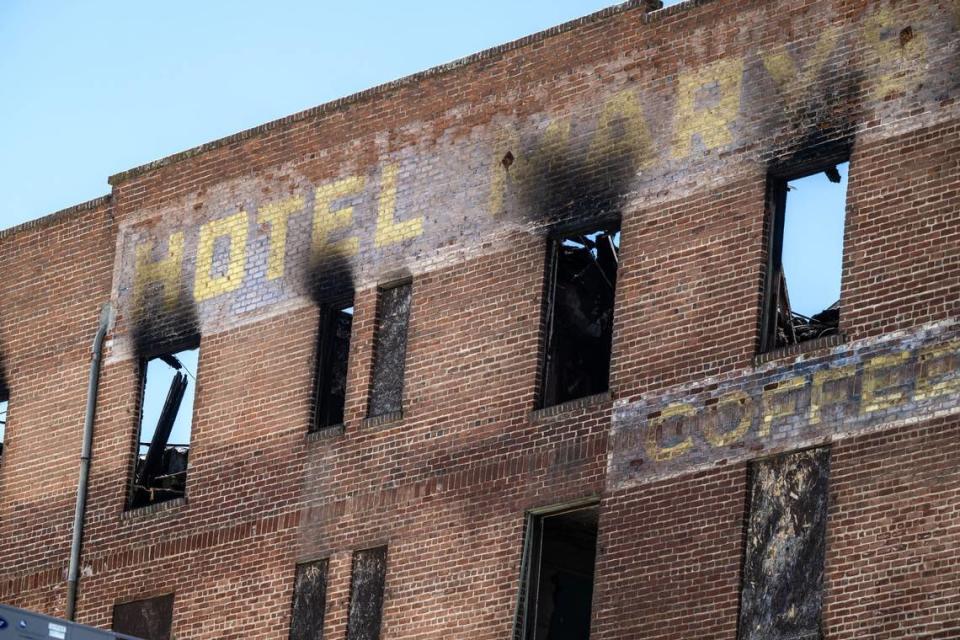 The Hotel Marysville, that once greeted stars, stands gutted Monday after a fire on June 15. City leaders have declared a local state of emergency to address the dangerously compromised structure.