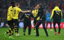 Soccer Football - Bayern Munich v Borussia Dortmund - DFB Pokal Semi Final - Allianz Arena, Munich, Germany - 26/4/17 Borussia Dortmund coach Thomas Tuchel and Matthias Ginter celebrate after the match Reuters / Michael Dalder