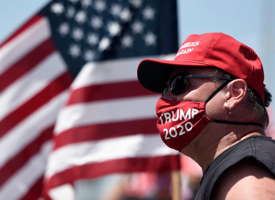 Trump supporters gather at the Selena statue, Saturday, July 11, 2020. About 40 people attended the event plus counter protesters. 