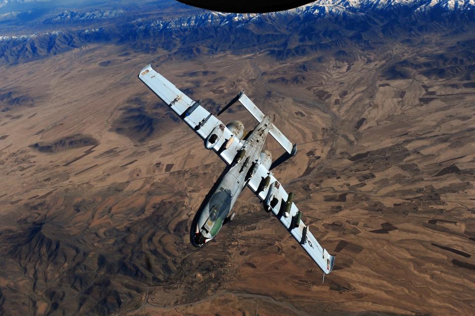 An A-10 Thunderbolt II flying over over Afghanistan in February 2011.