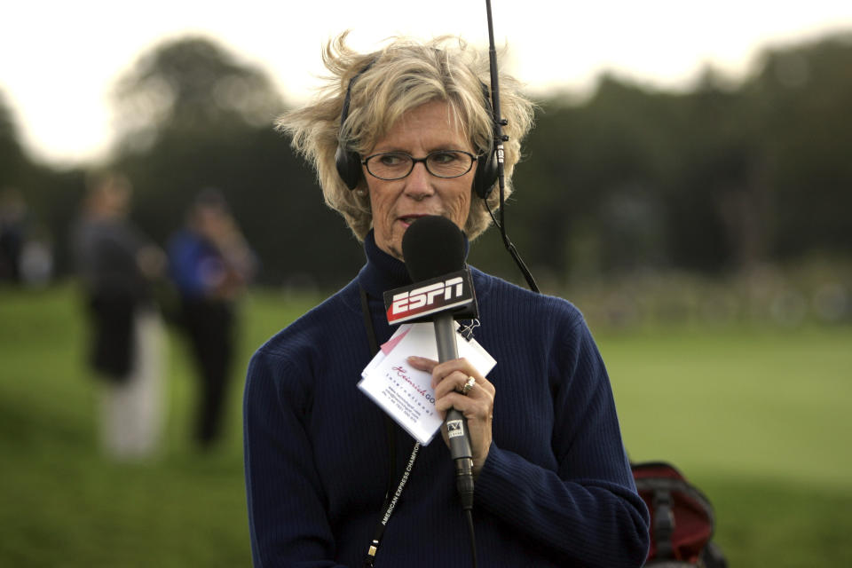 FILE - Judy Rankin commentates at the 8th hole during the 3rd round of the American Express Golf Championship at The Grove, Chandler's Cross, England, on Sept. 30, 2006. (AP Photo/Tom Hevezi, File)